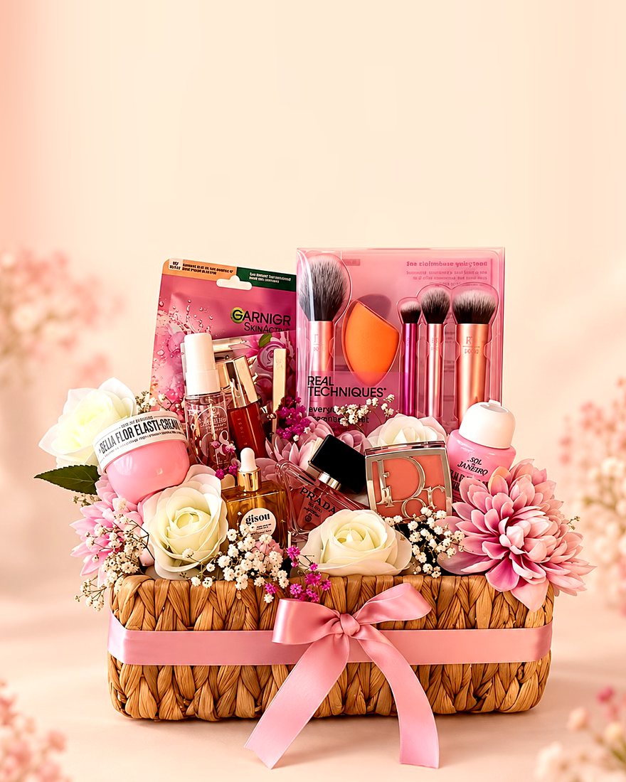 Pamper basket with skincare, make-up brushes and flowers